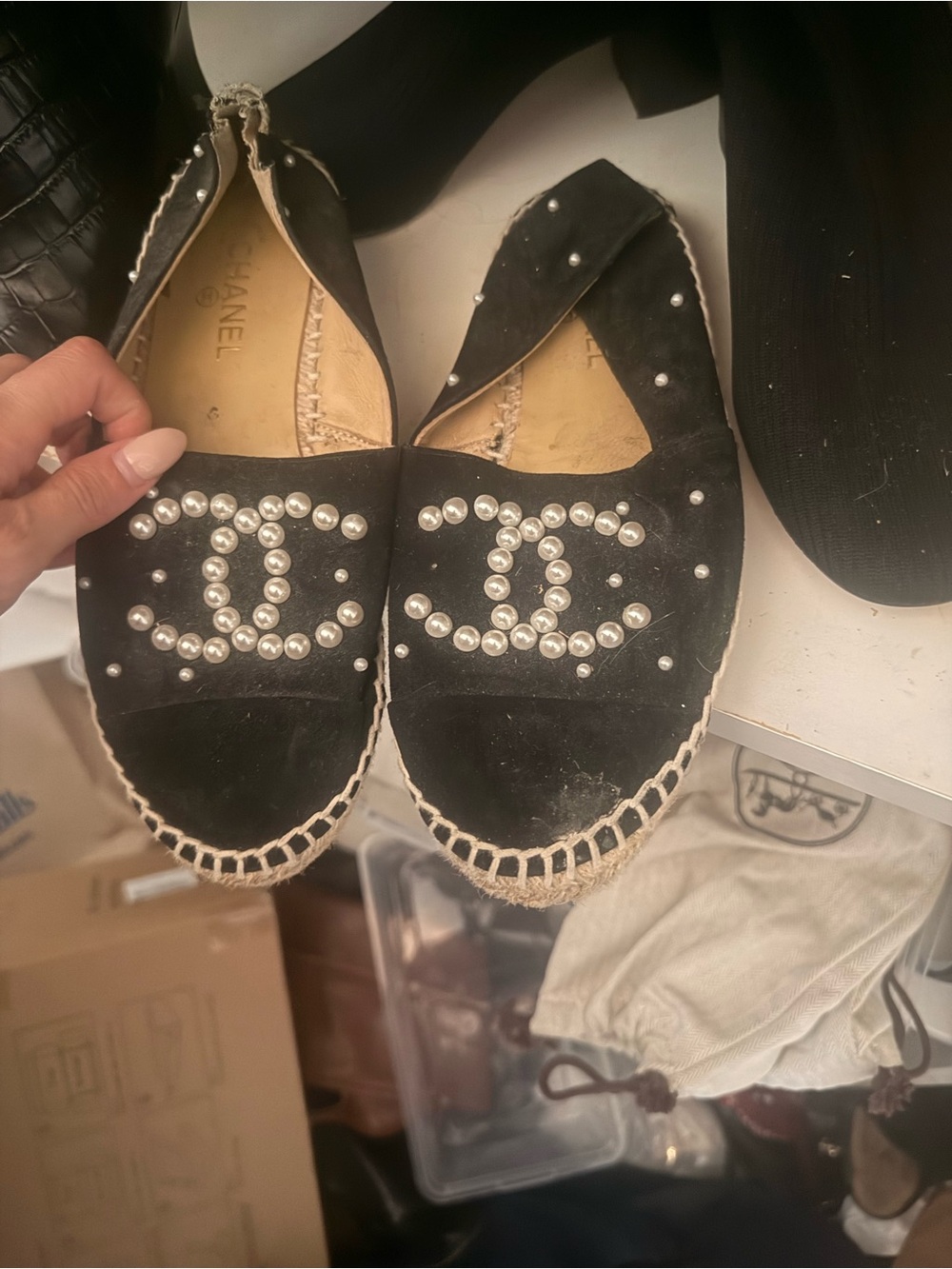 CHANEL Black Pearl-Detail Suede Espadrilles